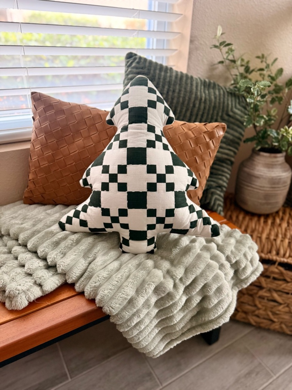 Threshold Green and White Check Tree Pillow